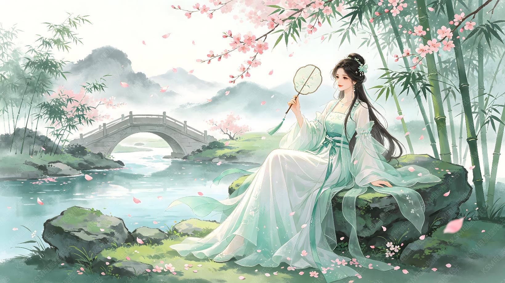 桃桥青衫仕女