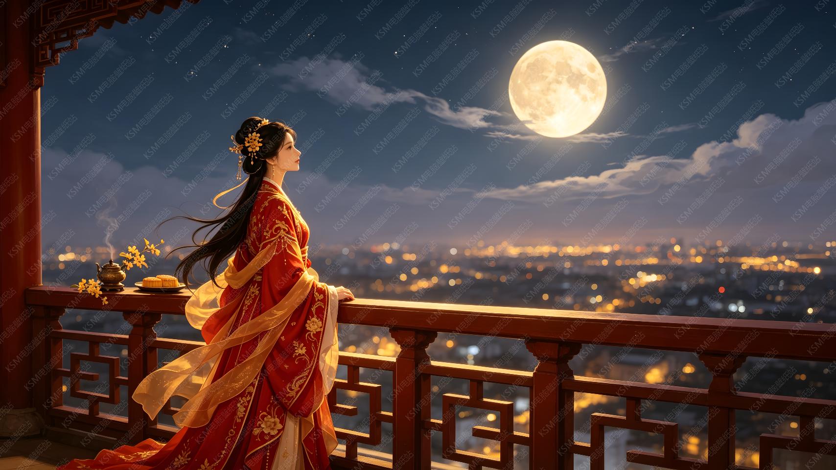 中秋红妆凭栏望月