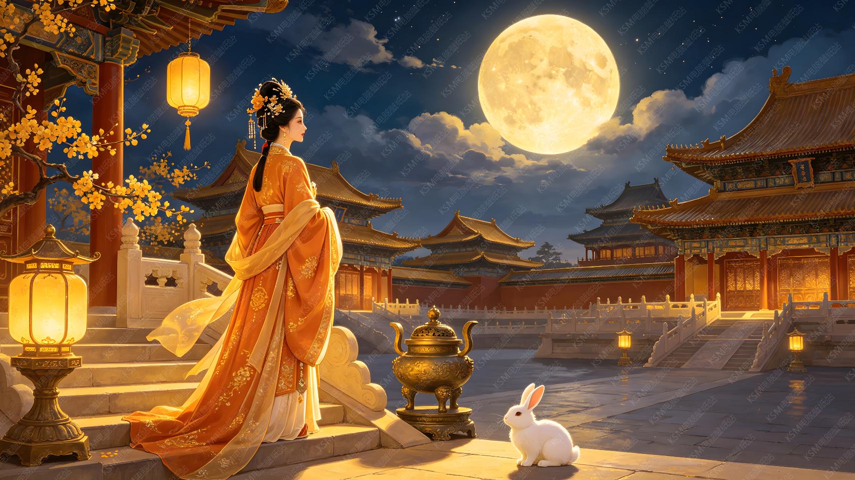 中秋宫阙仕女观月