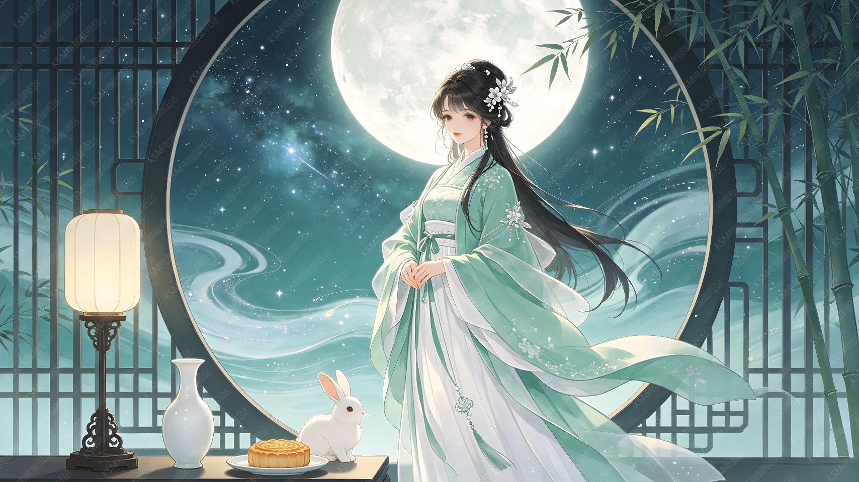 中秋轩窗美人赏月